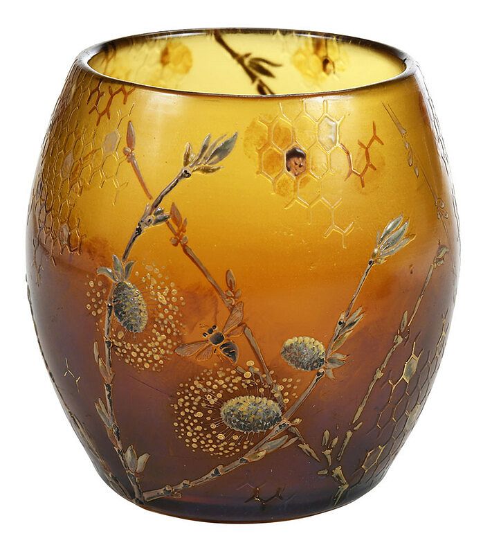 Appraisal: Galle Enameled Honey Bee Motif Art Glass Vase French late