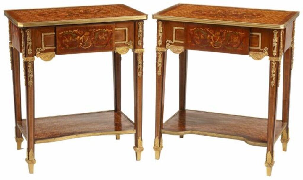 Appraisal: pair Louis XVI style marquetry inlaid tables with bronze dore