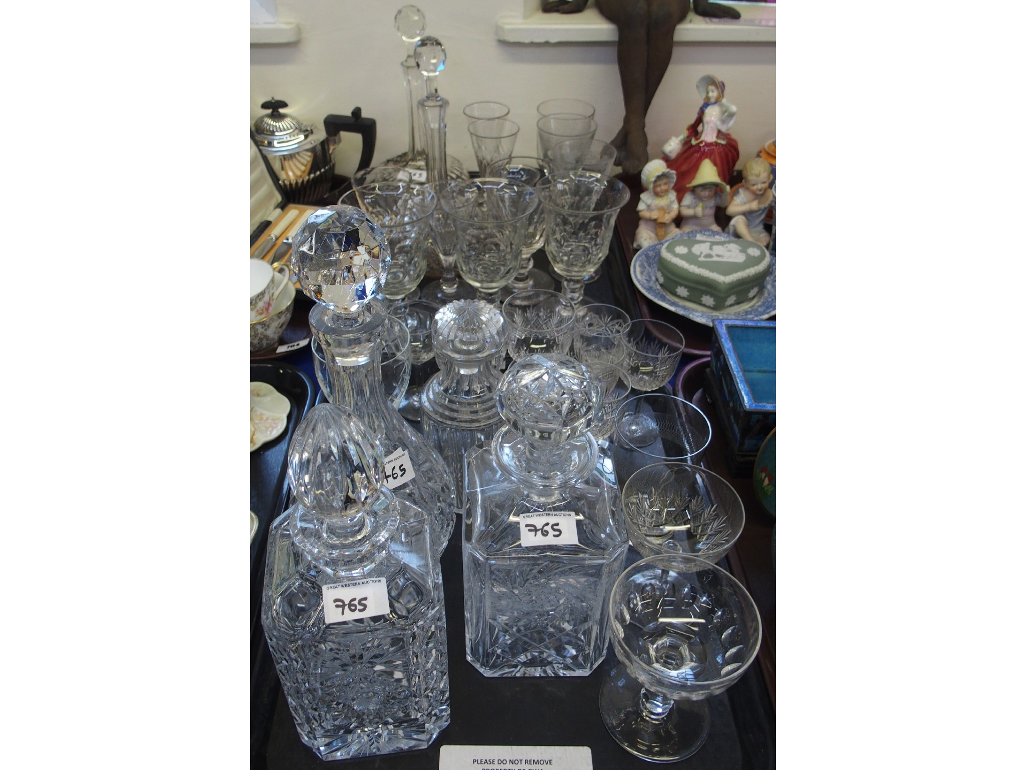 Appraisal: Two trays of glasswares including antique rummers decanters wine stems