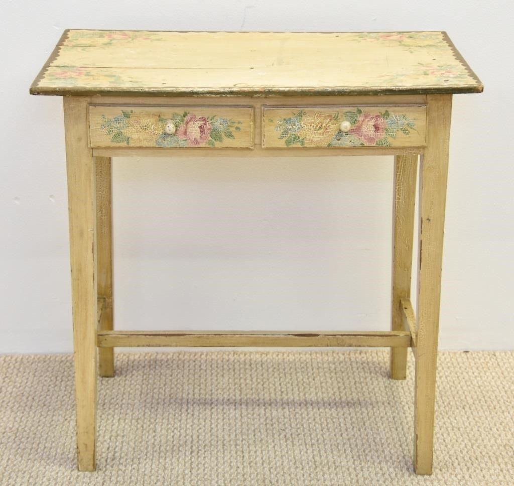 Appraisal: Country painted two-drawer table th c decorated with flowers and