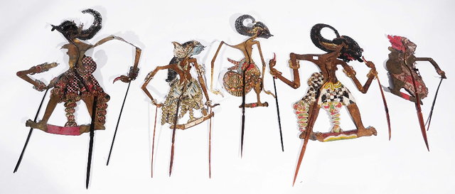 Appraisal: Five Javanese shadow puppetseach made from perforated and painted buffalo