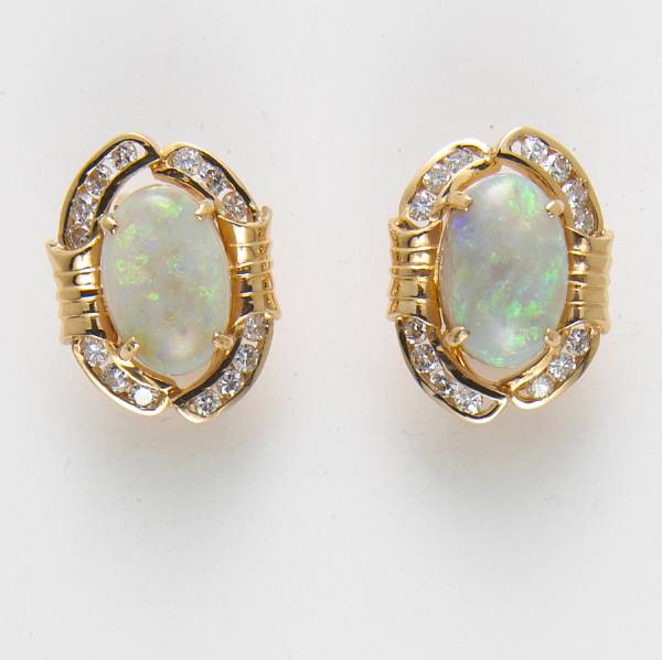 Appraisal: A pair of opal diamond and k gold earrings