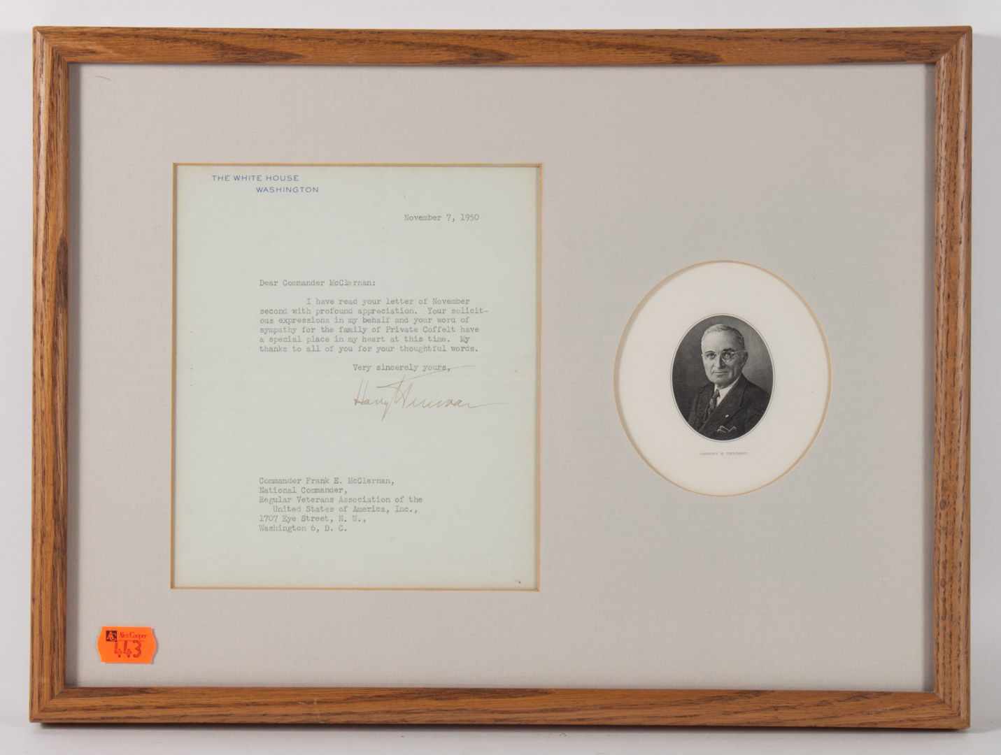 Appraisal: Presidential Autograph Harry S Truman typed letter signed on White