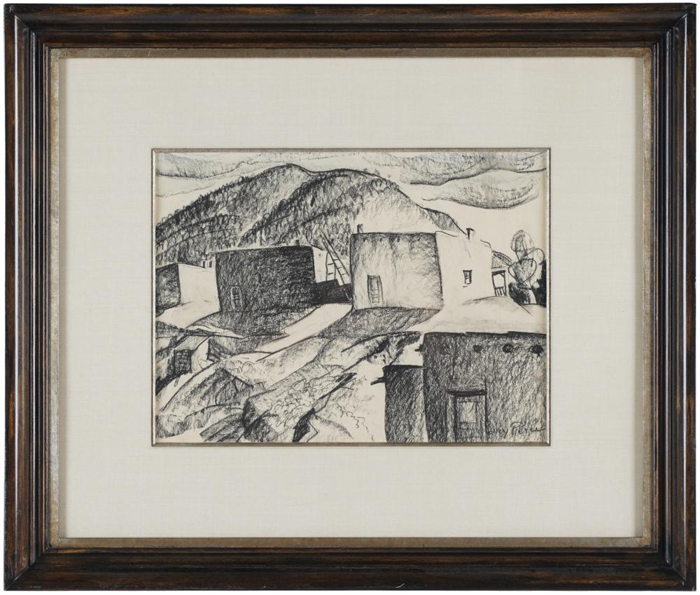 Appraisal: LUCY PIERCE - TAOS ADOBES Conte crayon on paper signed