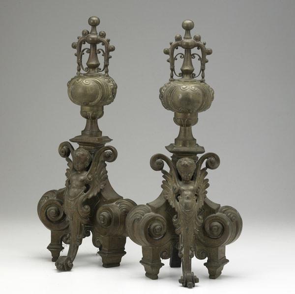 Appraisal: Pair of brass chenets early th C Elaborate pair with