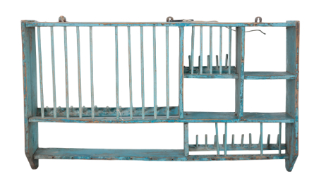 Appraisal: A BLUE-PAINTED WOODEN WALL SHELF compartmentalised with shelves and plate