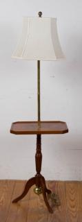 Appraisal: Brass Floor Lamp Table Combo Table with veneered inlay measures