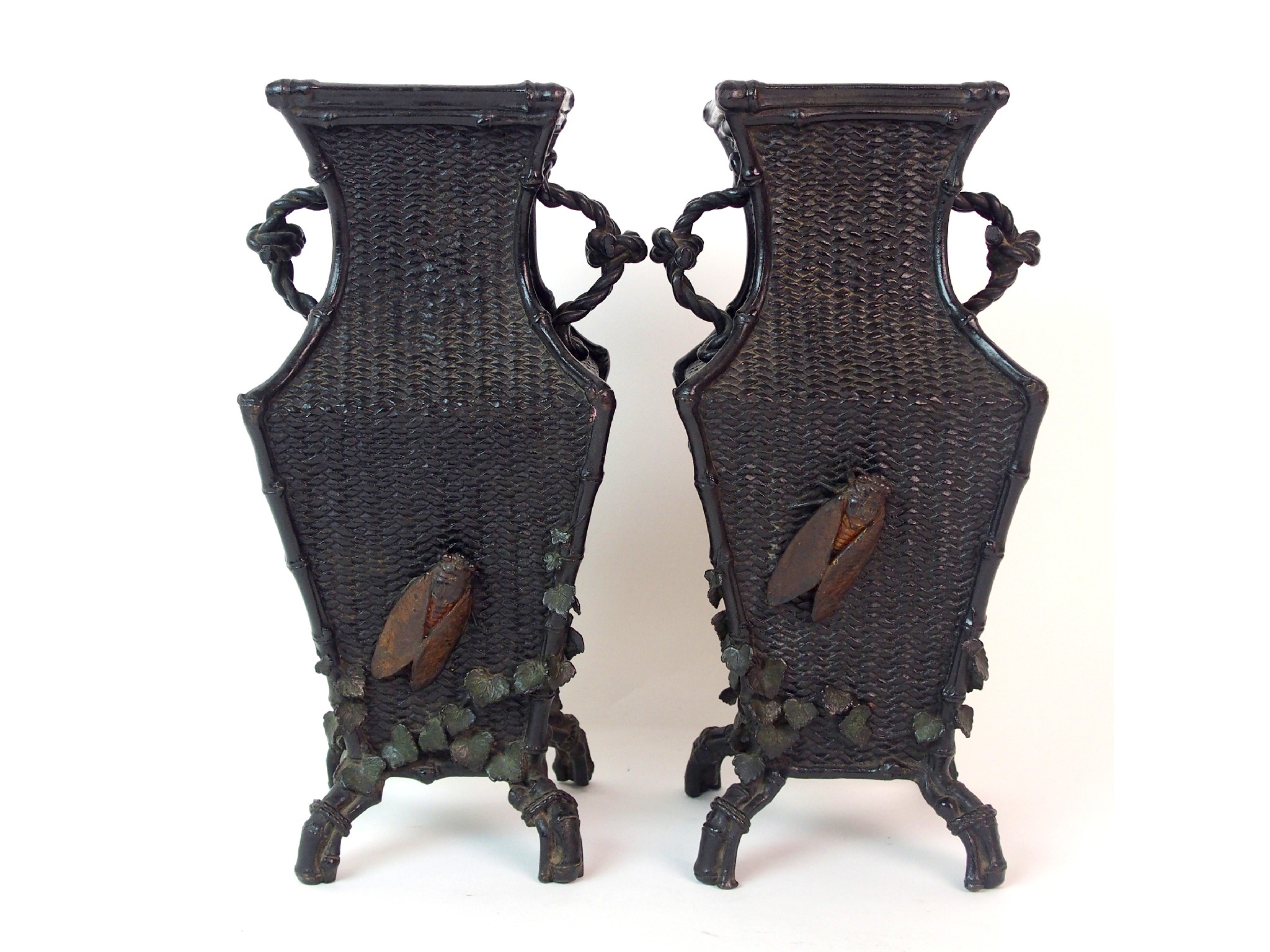 Appraisal: A pair of Japanese bronze square shaped vasescast with cicada