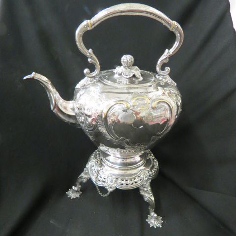 Appraisal: English Silverplate Hot Water Kettle on stand melon finial tall