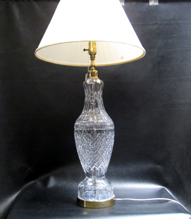 Appraisal: WATERFORD CRYSTAL TABLE LAMP with pleated fabric shade Lamp height