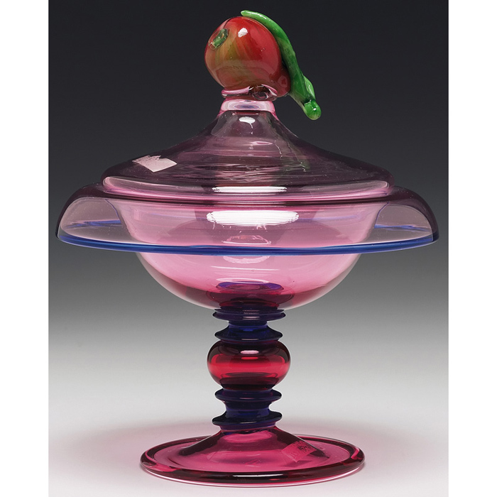 Appraisal: Steuben covered candy dish tinted pink glass with a pear