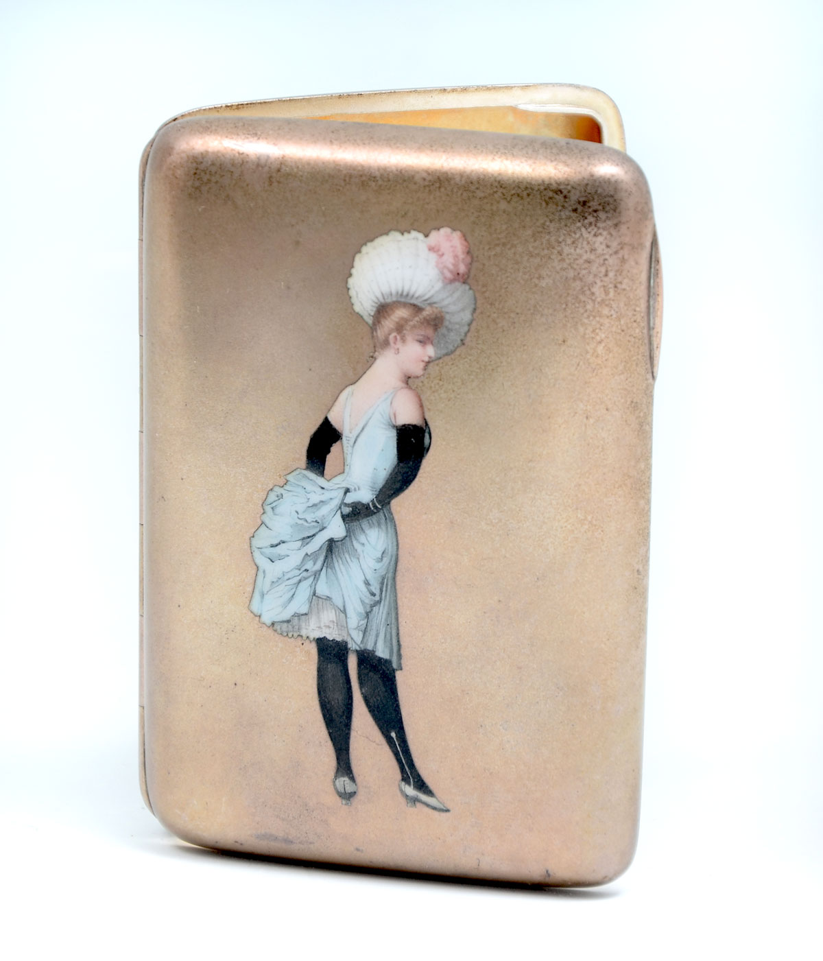 Appraisal: SILVER GILT ENAMEL CIGARETTE CASE Silver gilt case with woman