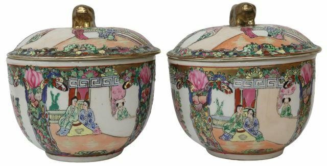 Appraisal: pair Chinese famille rose porcelain covered bowls having parcel gilt