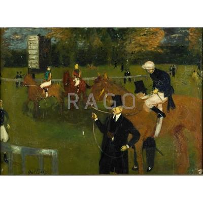 Appraisal: ENGLISH EQUESTRIAN SCENE Oil on canvas of jockeys on horseback