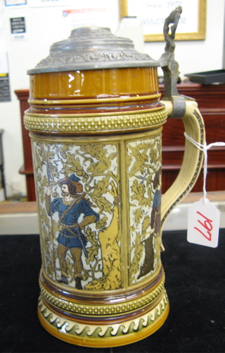 Appraisal: GERMAN METTLACH BEER STEIN liter no Etched with inlaid lid