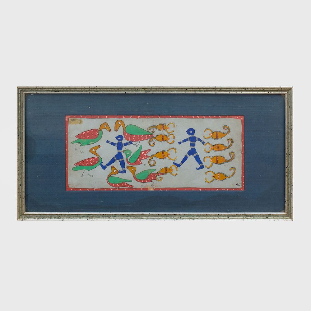 Appraisal: Indian School Two Figures Among Ducks and Scorpions Gouache on