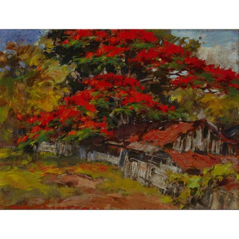 Appraisal: Gerard Adolfs - KAMPONG COTTAGE WITH FLAMBOYANT TREE DESSABLEU Dutch