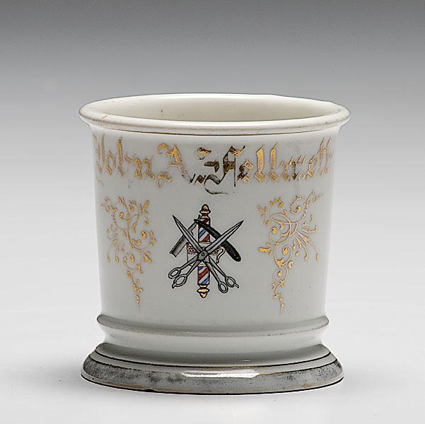 Appraisal: BARBER'S OCCUPATIONAL SHAVING MUG porcelain with polychrome painted scene of