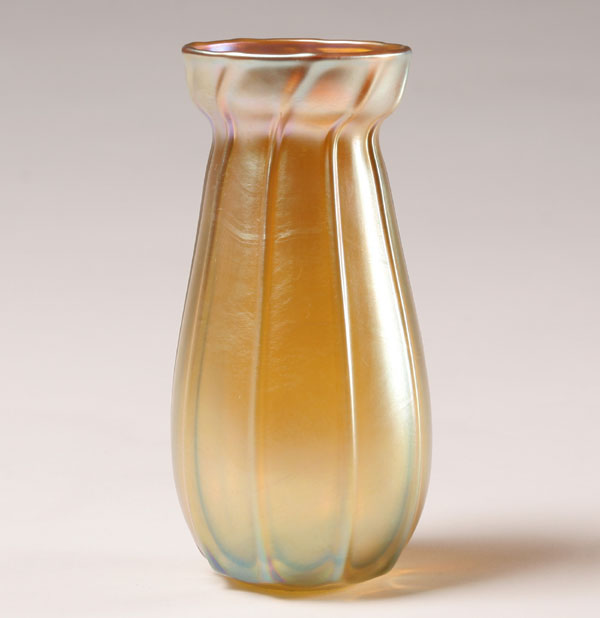 Appraisal: Tiffany gold favrile iridescent ribbed art glass vase Engraved LCT