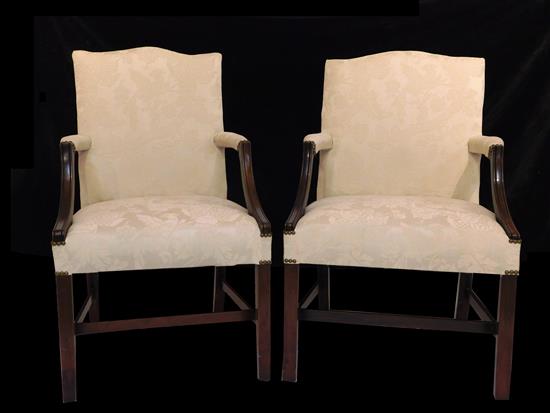 Appraisal: Pair of th C lolling chairs cream damask upholstery with