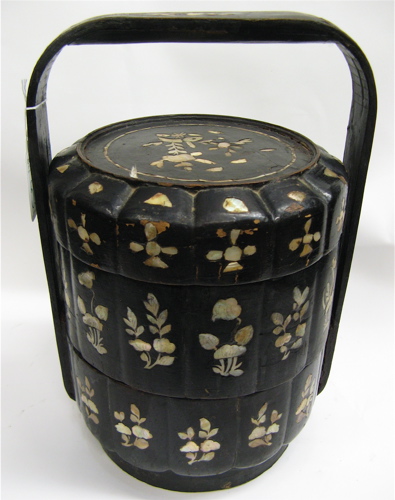 Appraisal: CHINESE BLACK LACQUERED STORAGE CONTAINER stacked compartments including an upper