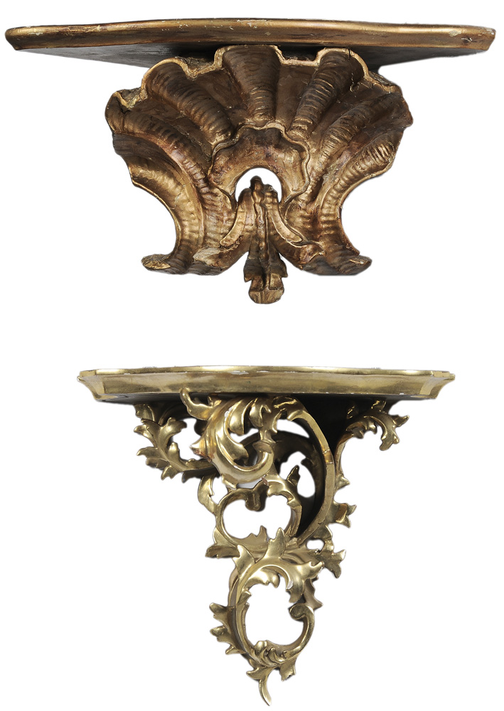 Appraisal: Two Gilt Wood Wall Brackets one Florentine style carved wood