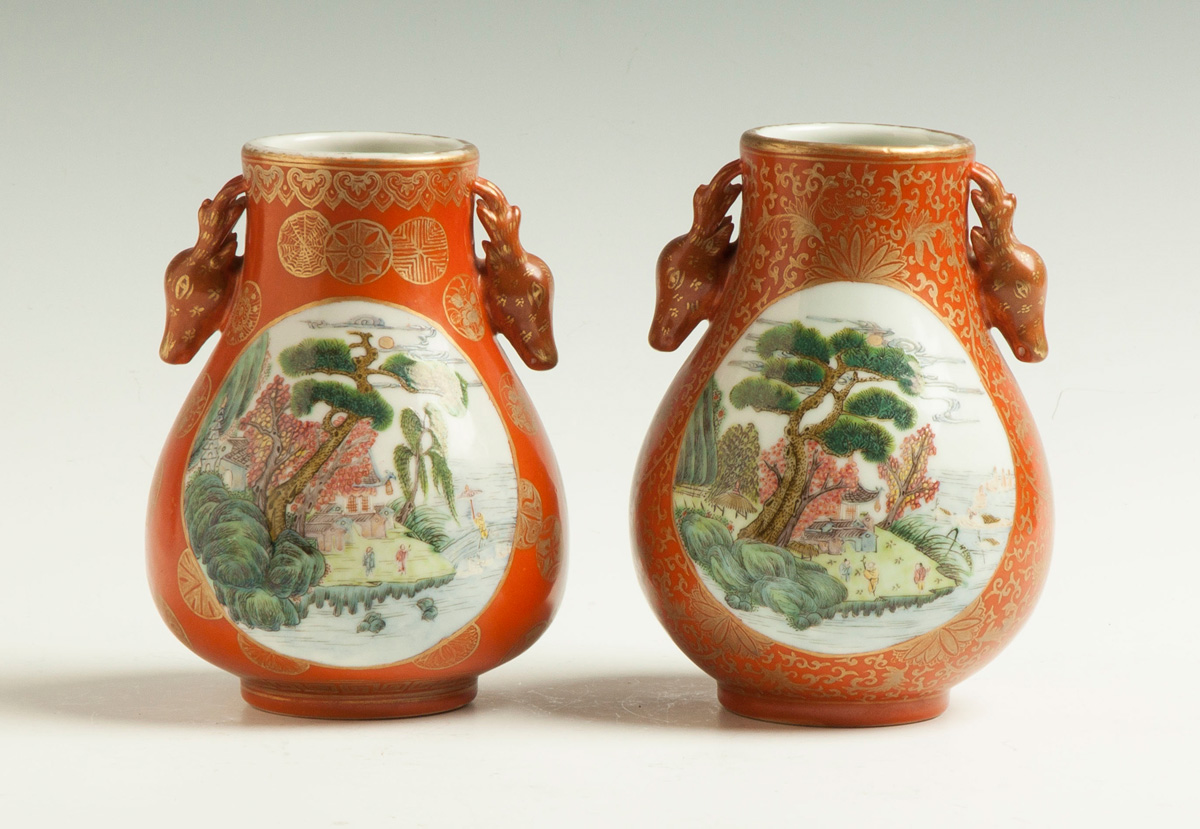 Appraisal: Chinese Decorated Porcelain Vases Sgn Animal head handles landscape scenes