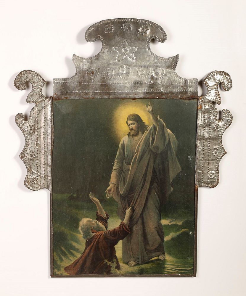 Appraisal: Tin Frame with Devotional Print ca Attributed to Isleta Tinsmith