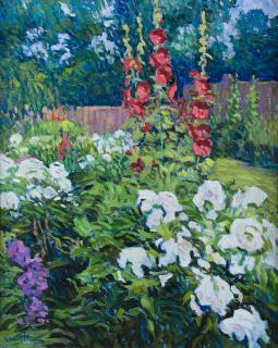 Appraisal: Hollyhocks Garden by Robert Daughters Robert Daughters - oil on