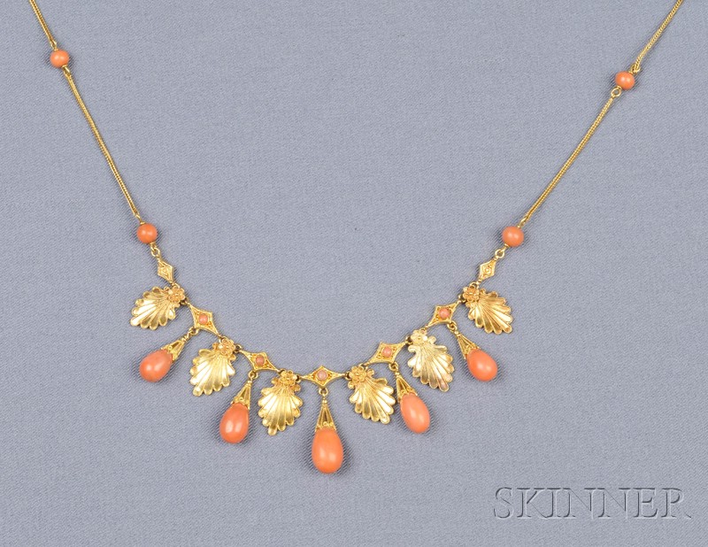 Appraisal: Etruscan Revival kt Gold and Coral Fringe Necklace designed as