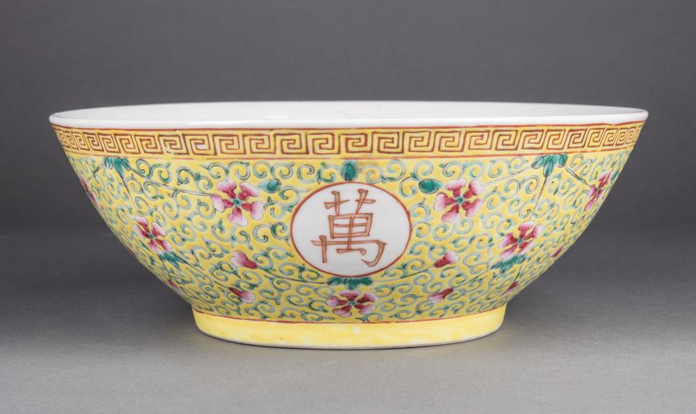 Appraisal: Chinese Famille Rose-Decorated Yellow Ground Porcelain Wanshou Wujiang Bowl th