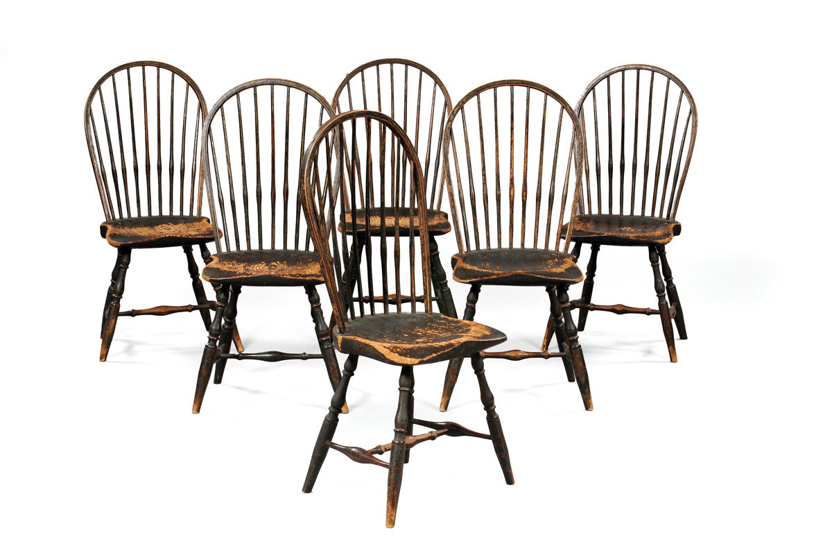 Appraisal: SIX NEW ENGLAND BOW-BACK WINDSOR SIDE CHAIRS IN OLD GREEN