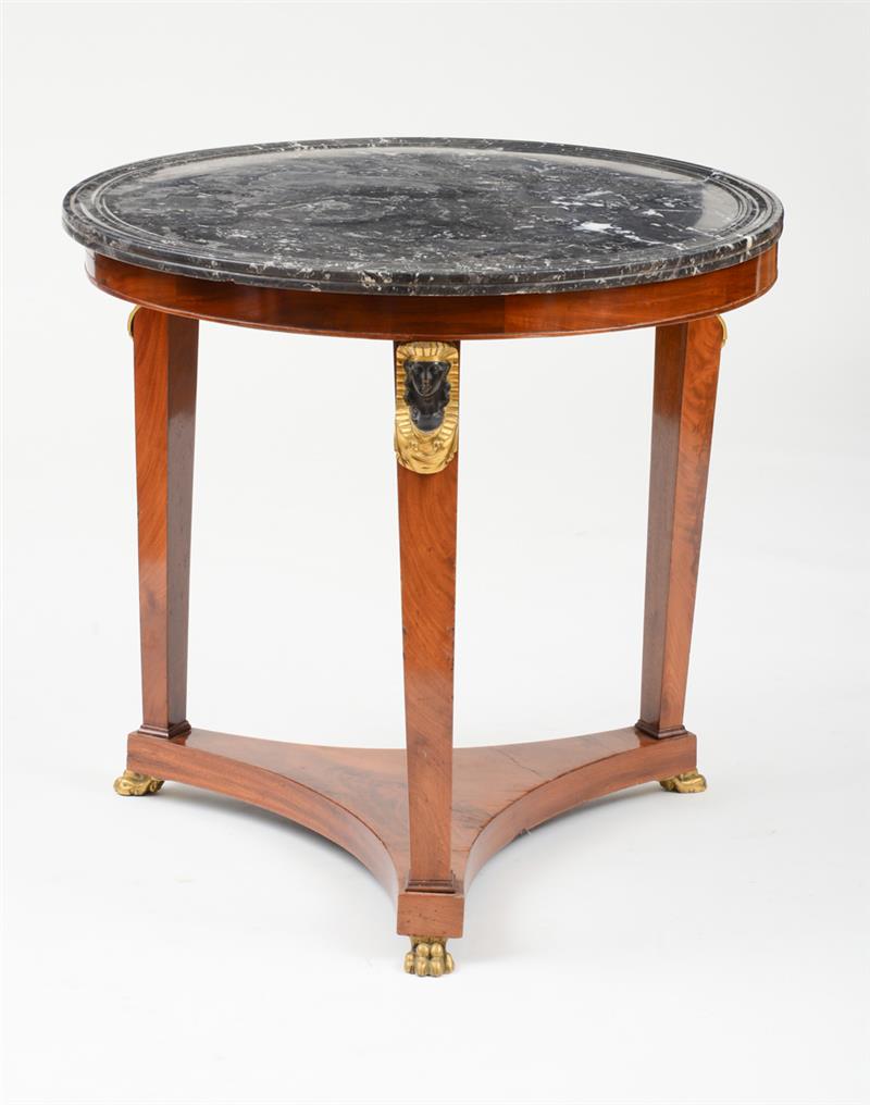 Appraisal: EMPIRE GILT-METAL-MOUNTED MAHOGANY CENTER TABLE WITH MARBLE TOP The gray