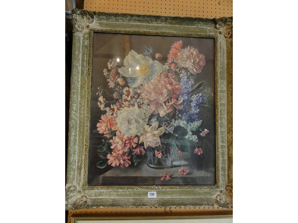 Appraisal: Two coloured prints of floral still lifes including roses delphiniums