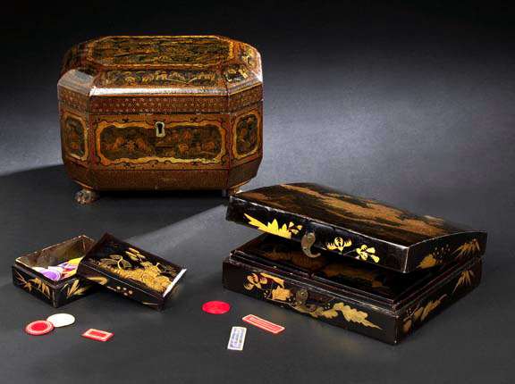 Appraisal: Good Chinese Export Deux-Couleur-Gilded and Green-Accented Black-Lacquer Octagonal Tea Box