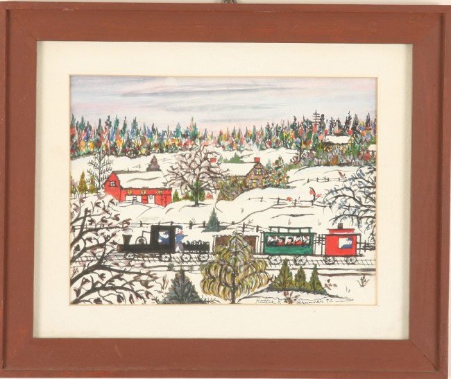 Appraisal: Watercolor and gouache winter landscape foreground features train background features