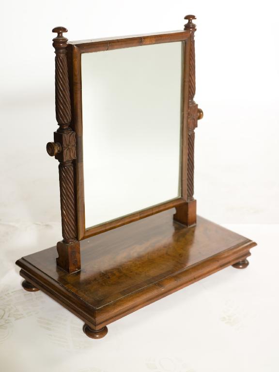 Appraisal: WILLIAM IV MAHOGANY TOILET MIRROR the rectangular plate swivelling between