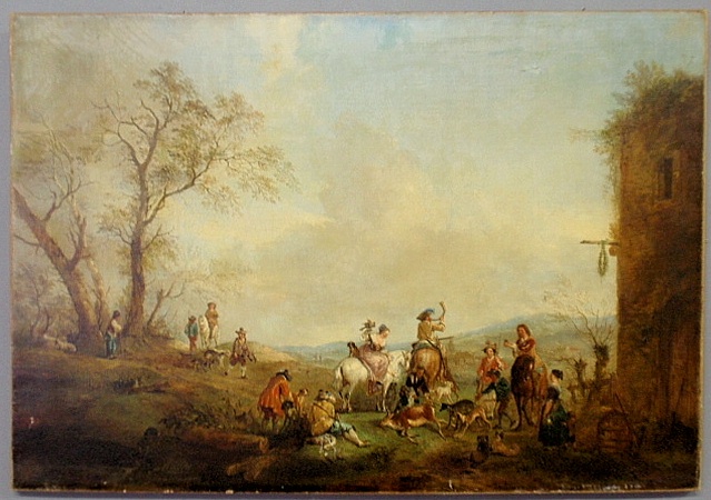 Appraisal: - Unframed European school landscape painting of a stag hunt