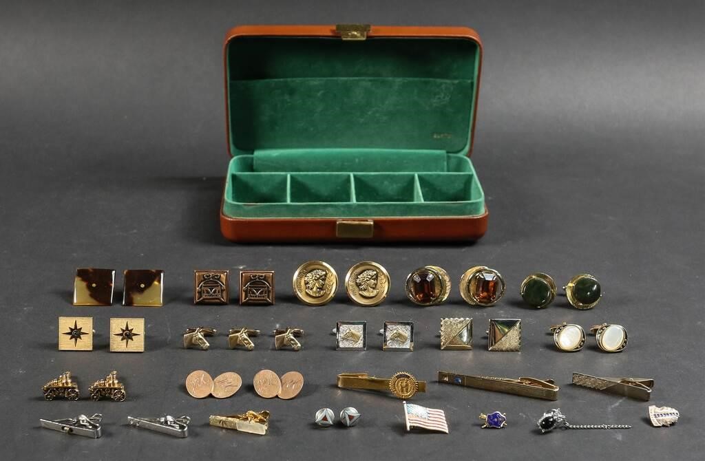 Appraisal: COLLECTION OF CUFFLINKS AND LEATHER CASEMonogrammed Buxton case with compartment