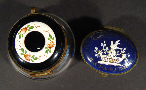 Appraisal: th Century blue enamel patch box with script 'A Present