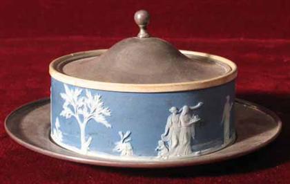 Appraisal: Wedgwood blue jasperware covered butter with underplate H in PROVENANCE