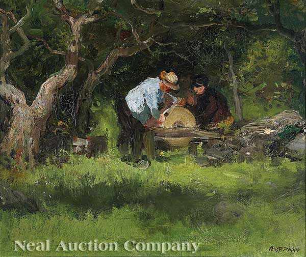 Appraisal: Charles Gruppe American b Sharpening the Knives oil on canvas