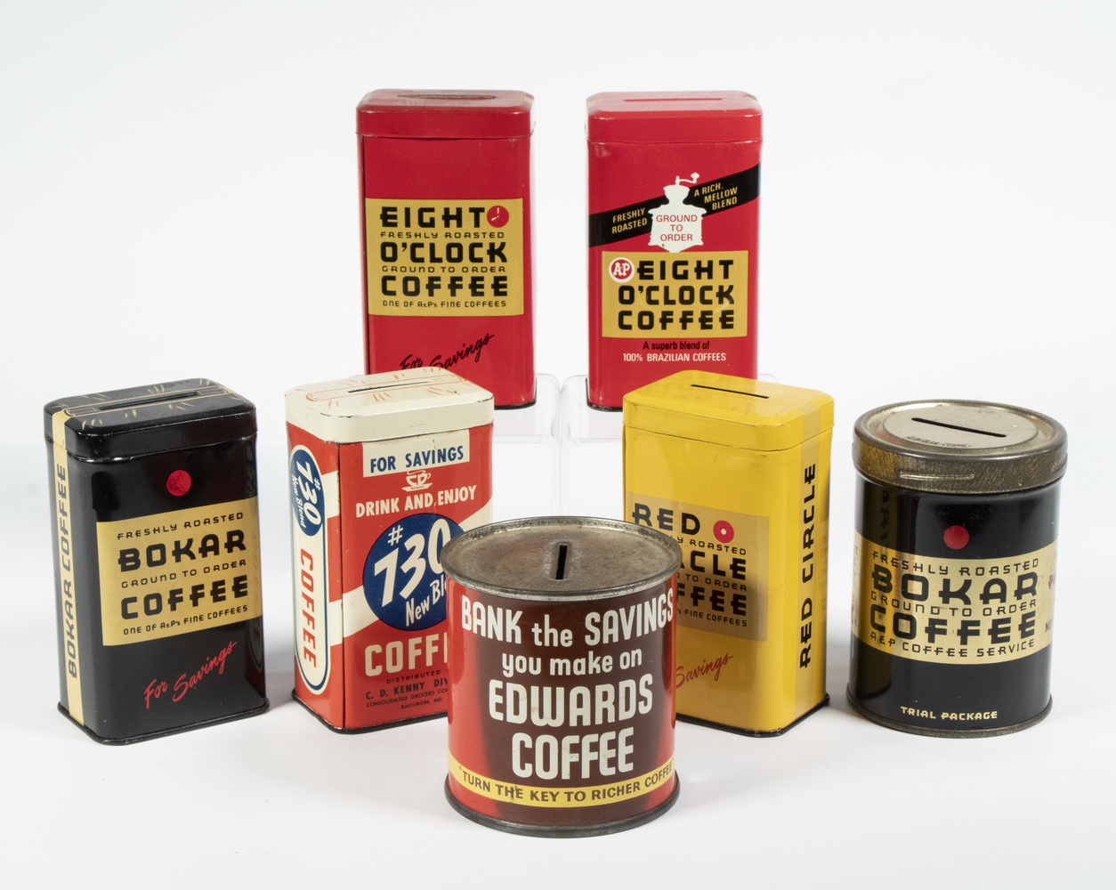 Appraisal: VINTAGE TIN LITHO COFFEE CAN STILL BANKS Including New Blend