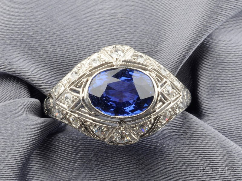 Appraisal: Art Deco Platinum Sapphire and Diamond Ring bezel-set with a