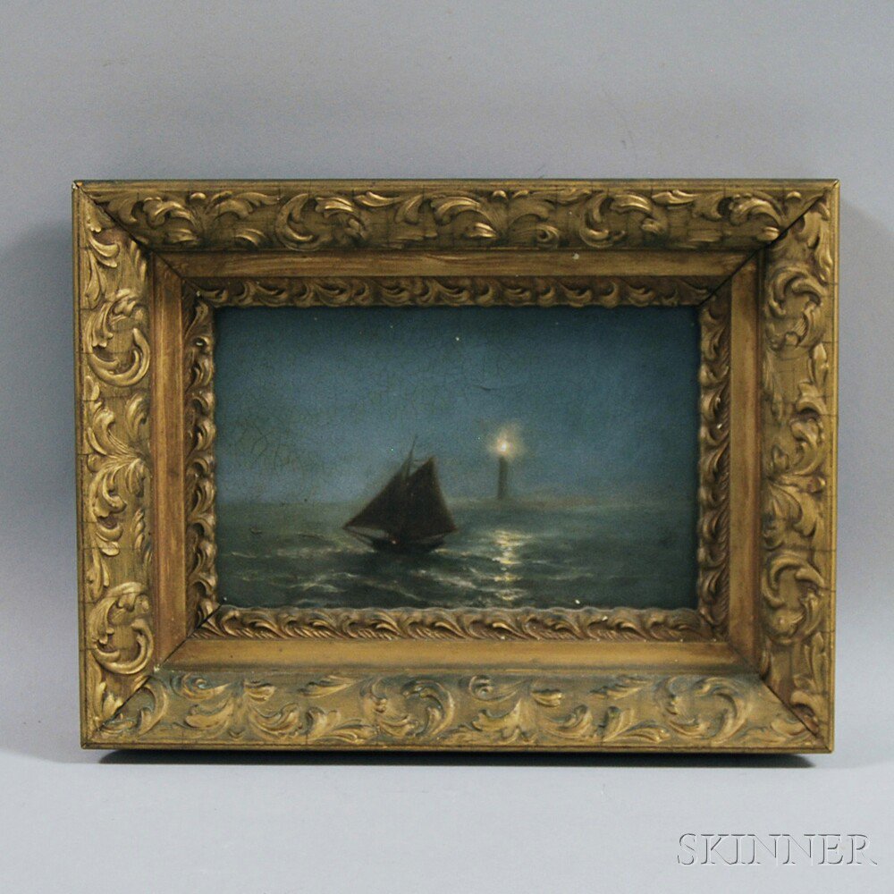 Appraisal: American School th Century Nighttime Seascape with Sailboat and Beacon