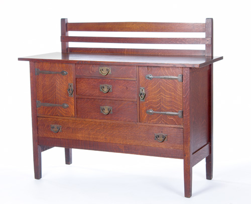 Appraisal: GUSTAV STICKLEY Sideboard no with three small drawers flanked by