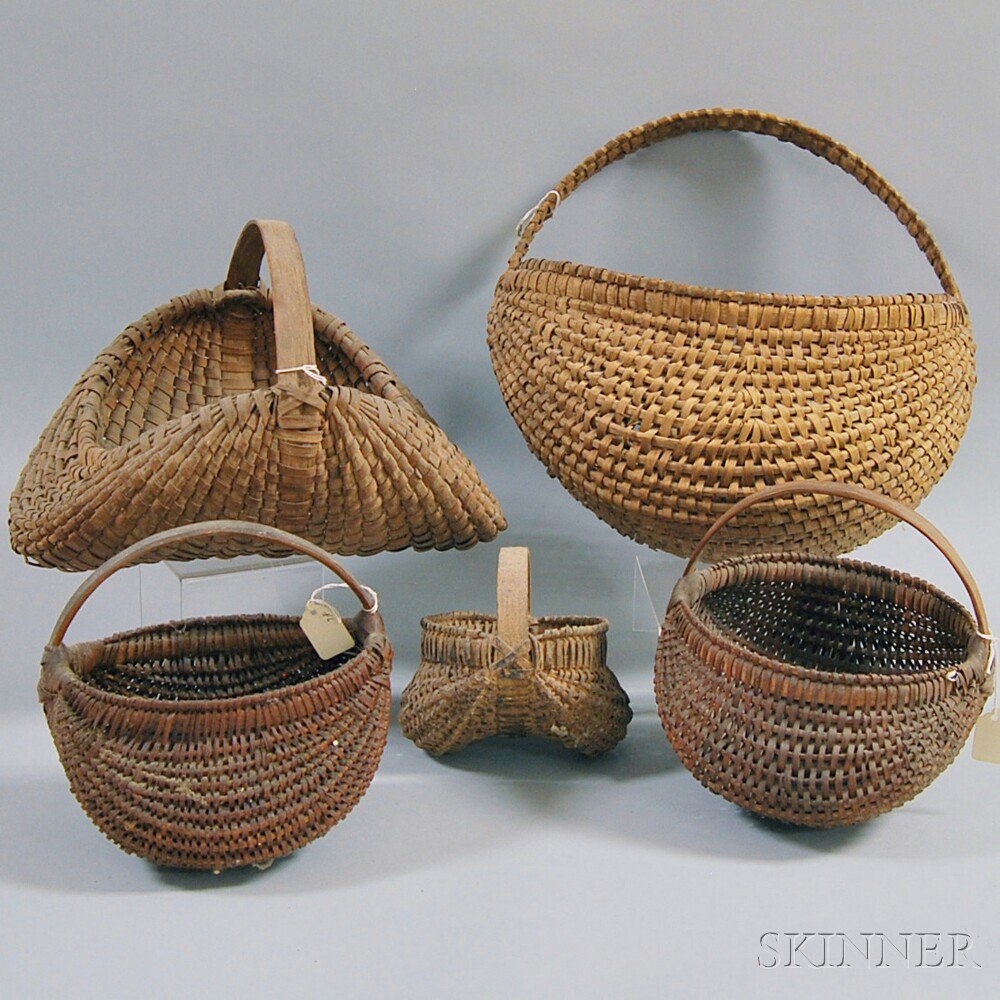 Appraisal: Five Woven Splint Baskets two ribbed wall baskets and three