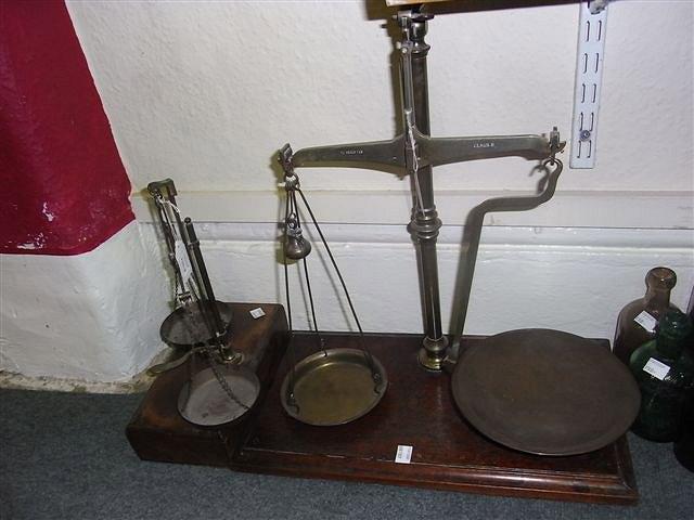 Appraisal: A VICTORIAN BRASS AND MAHOGANY SET of balance scales and