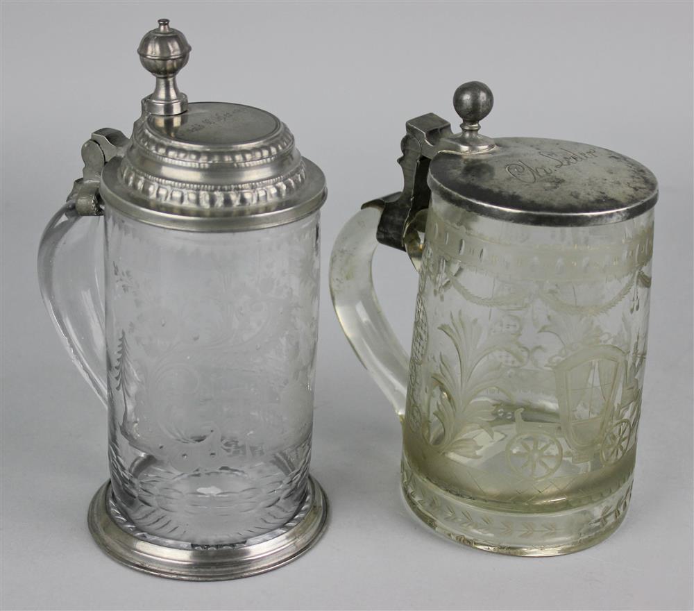 Appraisal: TWO GERMAN PEWTER MOUNTED INTAGLIO CUT GLASS STEINS th th