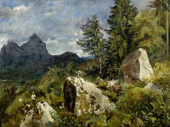 Appraisal: DUNANT-VALLIER JEAN-MARC Switzerland Landscape with mountains and a goatherd Oil